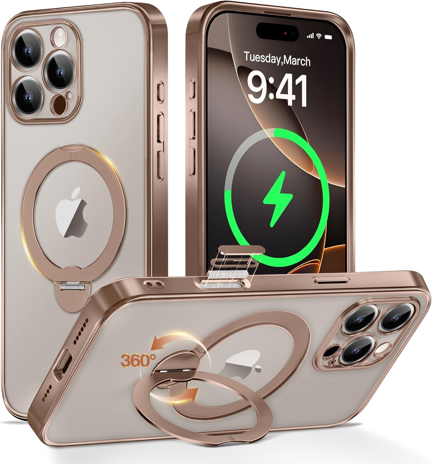 GolbinBox for iPhone 16 Pro Max Case with 360° Spin Magnetic Stand,[Compatible with Magsafe] [Military Protection][Built-in Ring Holder] Camera Control Phone Case for 16 Pro Max,Desert Titanium/Clear