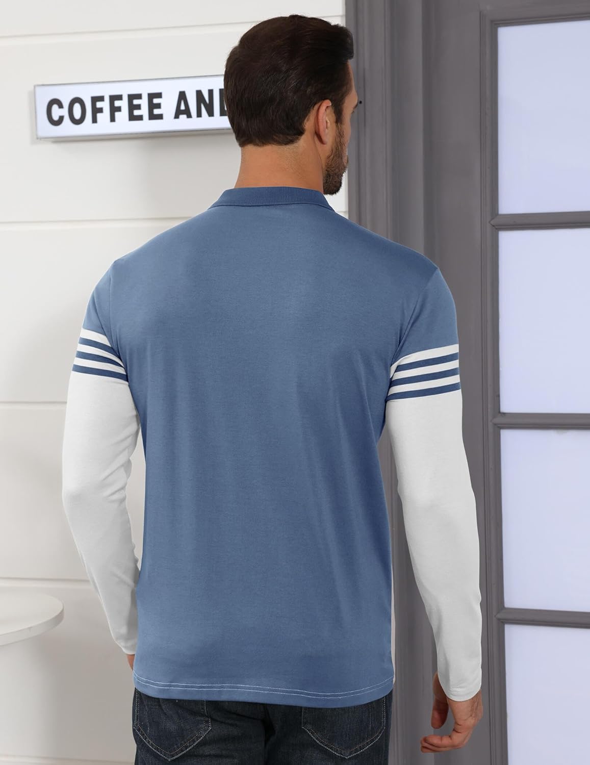 MorwenVeo Men's Long Sleeve Polo Shirt Striped Cotton Moisture Wicking Classic Collared Casual Golf Shirts for Men - Image 3