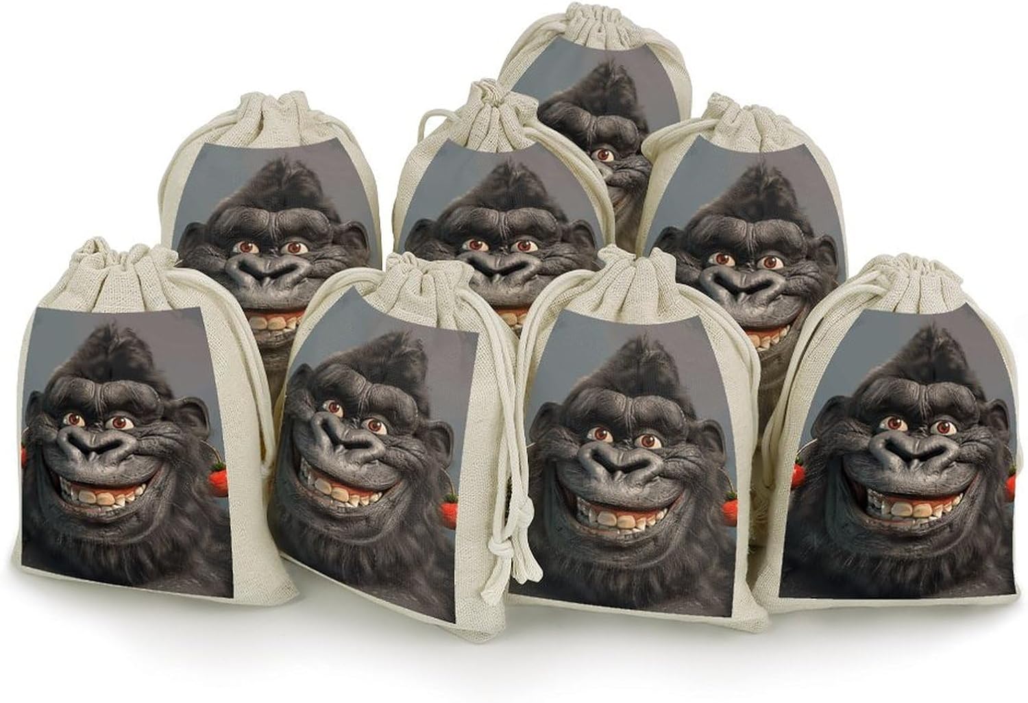 FekiLoot Smiling Gorilla Photo Cotton Linen Drawstring Bags Pack of 8