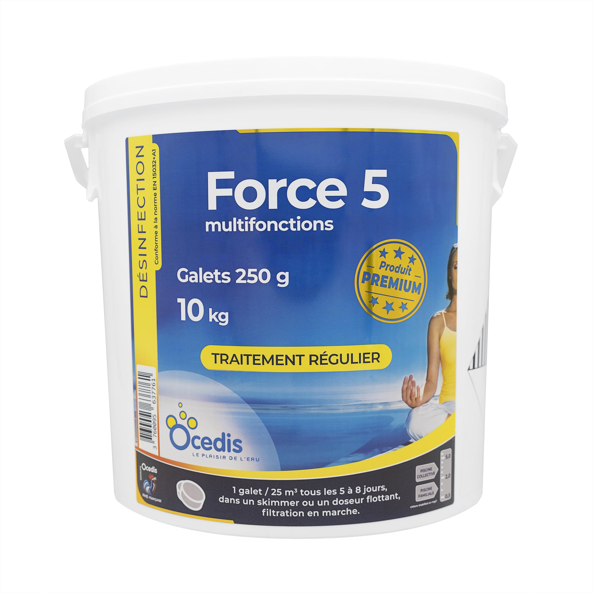 OCEDIS Force 5-250 Multifonctions Galets 250g - 10kg | Chlore Lent Stabilisé Multiaction - Non Comburant - Désinfection Régulière Multifonction - Dissolution Lente + 10 Tests HPS OFFERTS 6 en 1