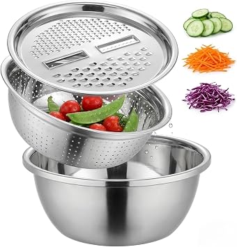 Fast Prep Slicer Bowl & 3 in 1 Stainless Steel Grater Bowl Set Space Saving Kitchen Bowl Storage Sets for Cooking & Baking Professional Grade Gift for Chefs and Foodies 10.25 in