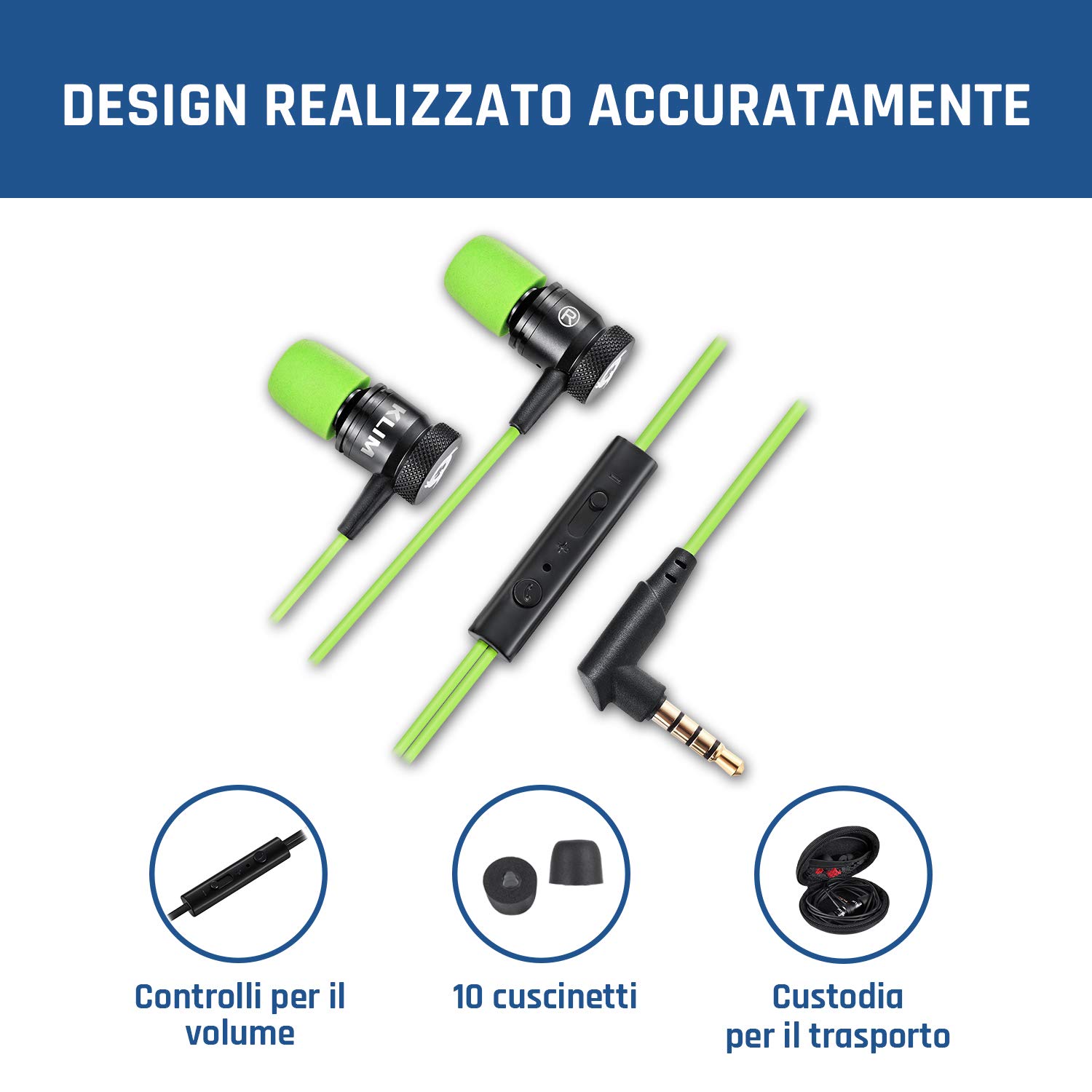 KLIM Fusion Auricolari con Filo e Microfono, Hi-Fi, Memory Foam, Verde