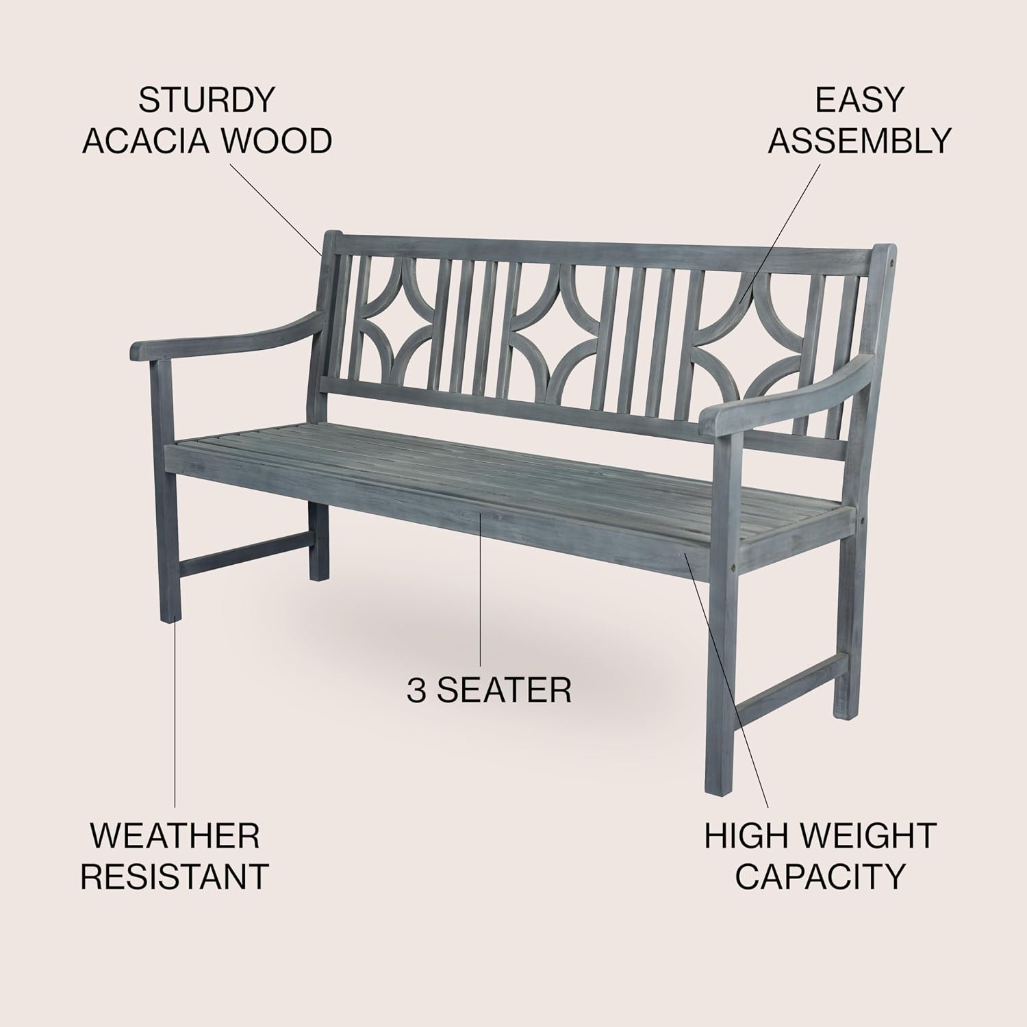 JONATHAN Y Sloane 59" Gray Finish Solid Acacia Wood Outdoor Bench, 2-Person Patio Garden Seating with Geometric Back and Armrests for Porch BNH100B