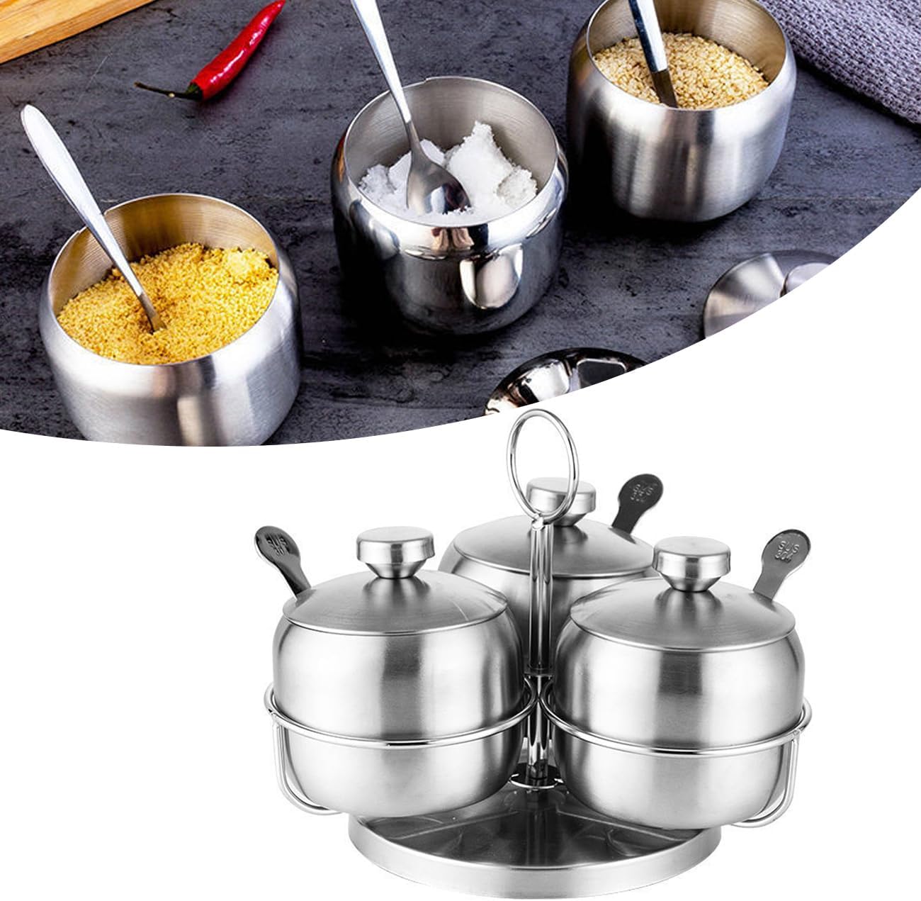 Wokyo Stainless Steel Seasoning Containers Set, Condiment Jar Spice Container with Lid Spoon, Rotatable Seasoning Pot Set for Salt Pepper Sugar Storage (Circular, 4Pcs)