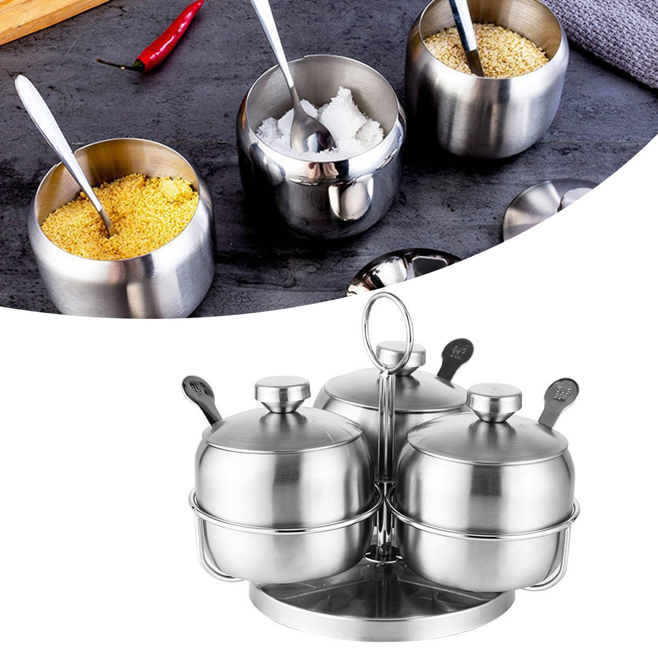 Wokyo Gewürzbehälter-Set aus Edelstahl, Gewürzbehälter, Gewürzbehälter mit Deckel, Löffel, drehbares Gewürztopf-Set für Salz, Pfeffer, Zucker (rund, 4 Stück)