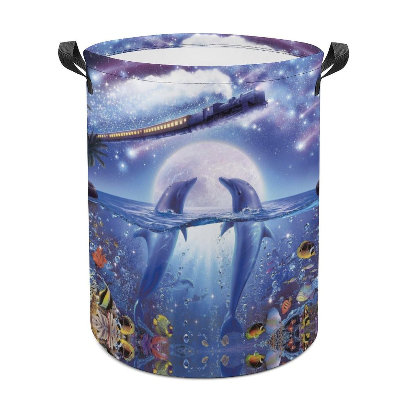 MHYRAC Laundry Hamper, Dolphin Train Laundry Basket, Washing Basket with Handle