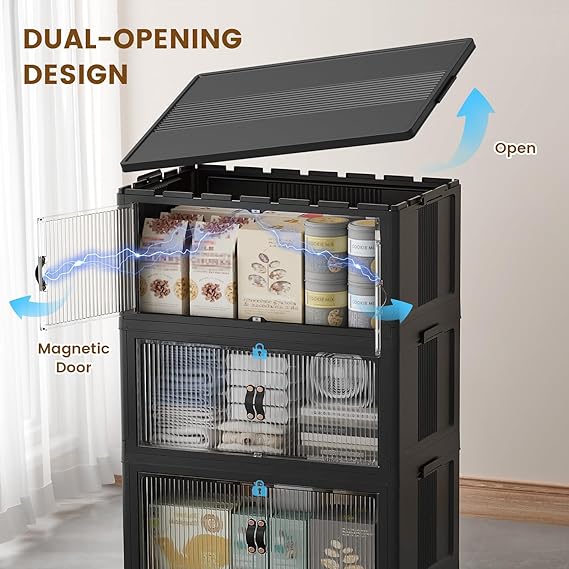 SAILUN 26Gal/105Qt Stackable Storage Bins Folding Collapsible Storage Bins with Lid, Closet Organizers and Storage Box with Door Black 18 W x 11 D x 32 H