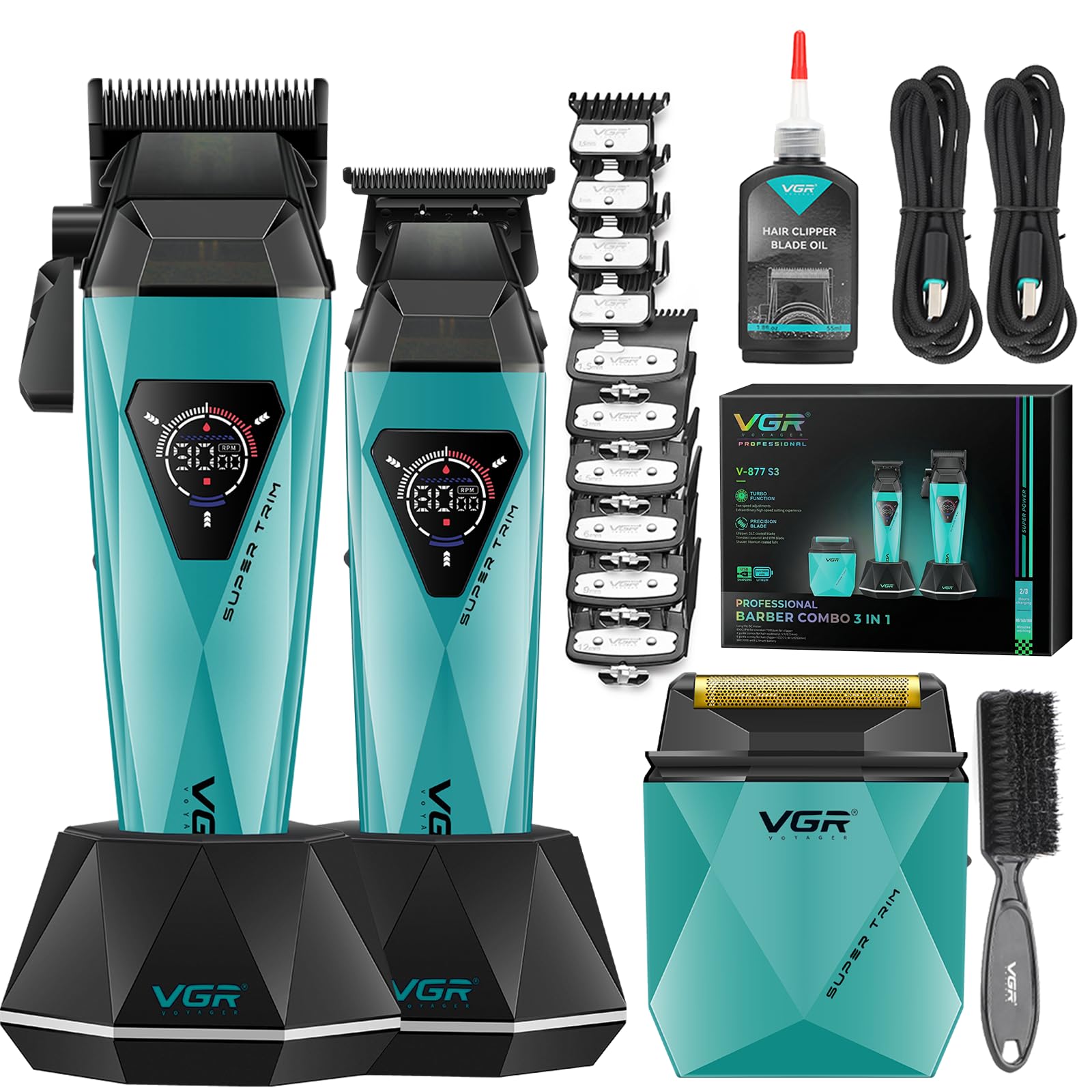 VGR 877S3 Maquina De Cortar Pelo Hombre Set, Afeitadora Inalámbrica, Verde | Cortapelos Hombre Profesional Y Trimmer De Precisión Con Motor De 9000 RPM, Cortapelos Kit Con Base De Carga, Pantalla LED