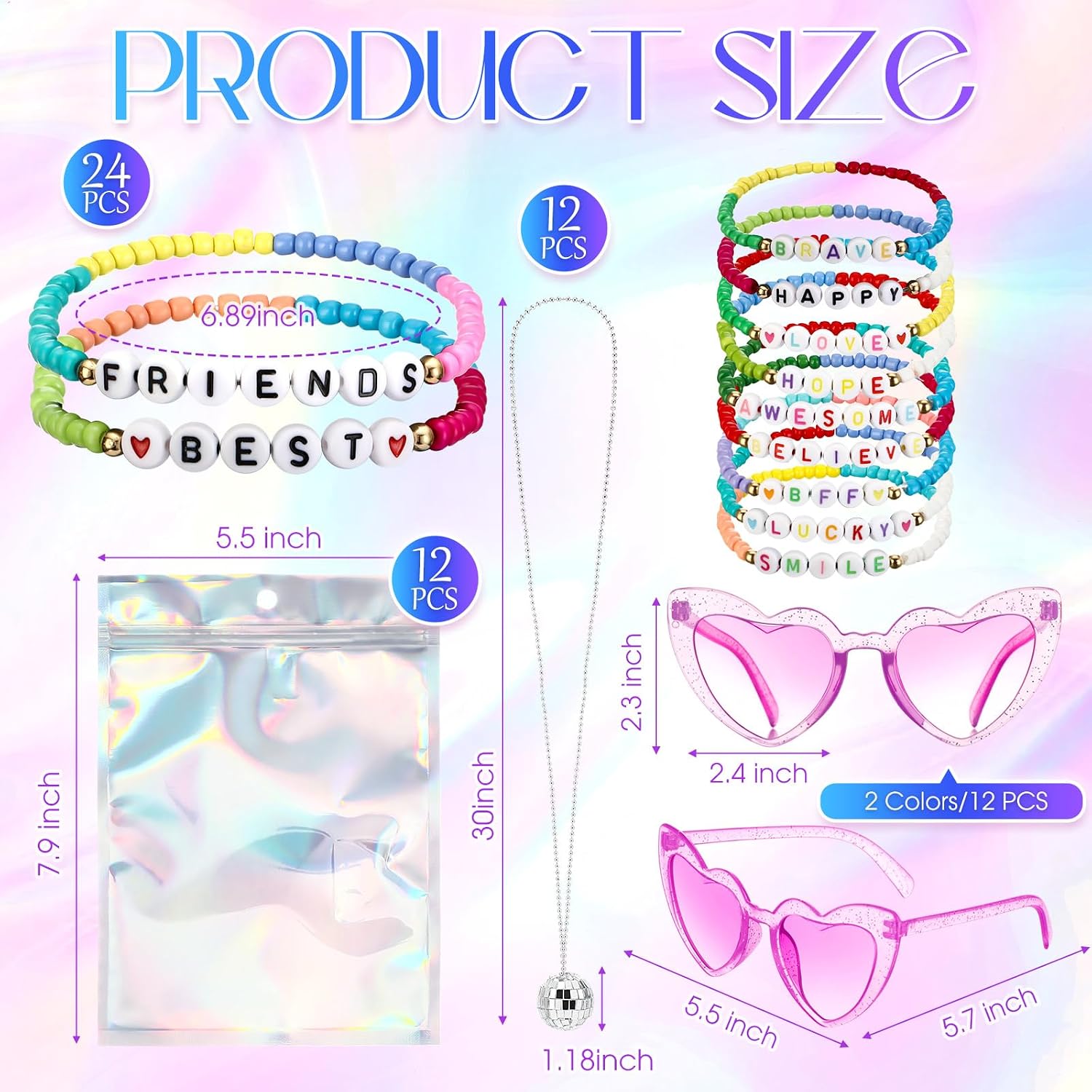 Landical 60 Pcs Kpop Party Favors 12 Sets Popular Singer Gift Sets with Friendship Beaded Bracelets Disco Ball Necklace Heart Sunglasses Holographic Gift Bag for Y2k Kpop Fans(Mix Color, Style 2)