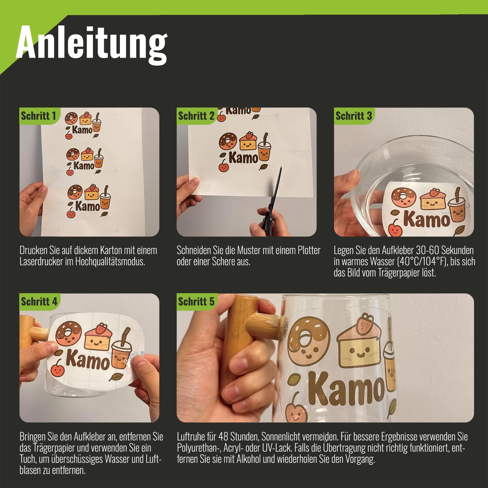 Kamo Wasserschiebefolie Transparent A4 für Laserdrucker – 20 Blätter Decalfolie für Keramik, Glas, Tassen, Kerzen, Kunststoff und Modellbau DIY Projekte