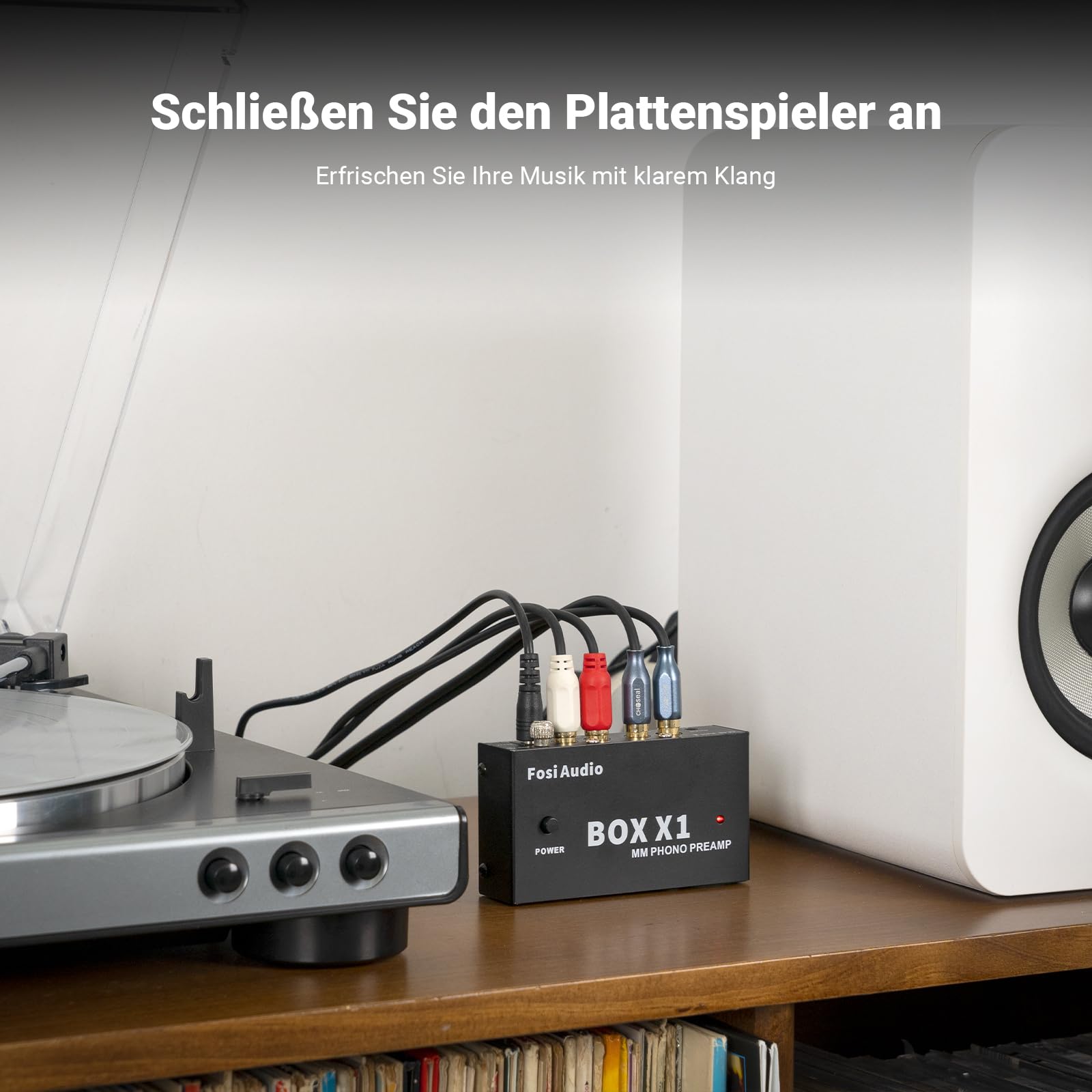 Fosi Audio BOX X1 Phono Vorverstärker für MM-Plattenspieler mit 3,5MM Kopfhörer und RCAAusgang, Mini PhonVorverstärker mit Ein-/Ausschalter für Phonographen/Plattenspieler, DC12V Netzteil inbegriffen