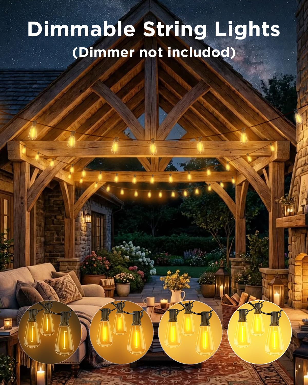 VOLIVO 30 m lange Lichterkette für Terrasse, wasserdichte Hängeleuchten mit 35 + 1 bruchsicheren ST38-Edison-Glühbirnen, dimmbar und anschließbar, Außenlichterkette für Hinterhof, Deck, Veranda