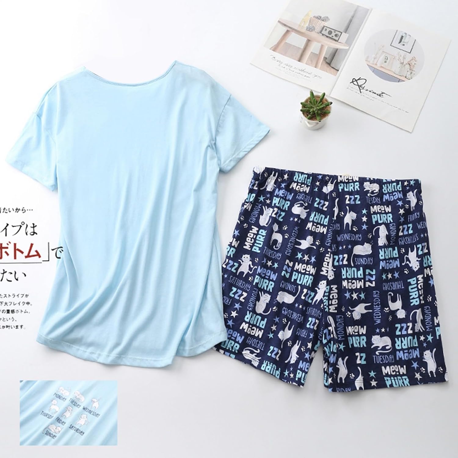 Lu's Chic Women's Cute Graphic Pajamas Set Cotton Blend Sleepwear Cartoon Short Sleeve Tee Shorts - Image 2