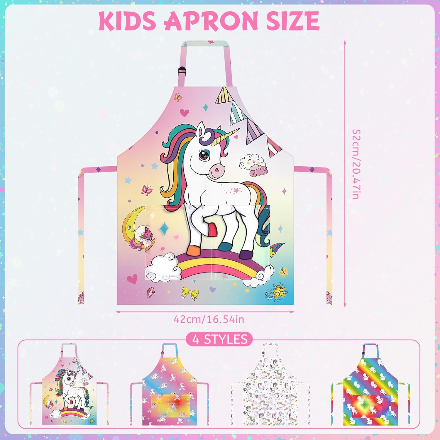 PLULON 4 Pcs Kids Aprons with Pockets Painting Apron for Kids, Colored Unicorn Apron Adjustable Strap for Painting Cooking Baking Girls Boys Paint Apron Unicorn Party Supplies, 3-8 Years