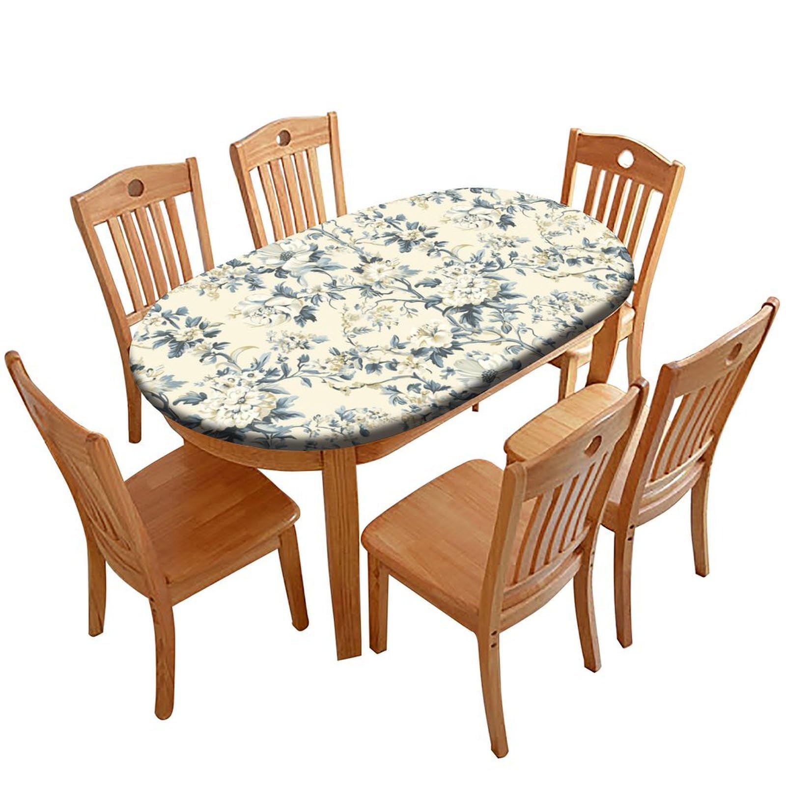 Zhchgtliesk Oval Fitted Tablecloth with Elastic Edge,Farmhouse Classic Floral Style Polyester Washable Table Cloth,for Kitchen Dining Tabletop