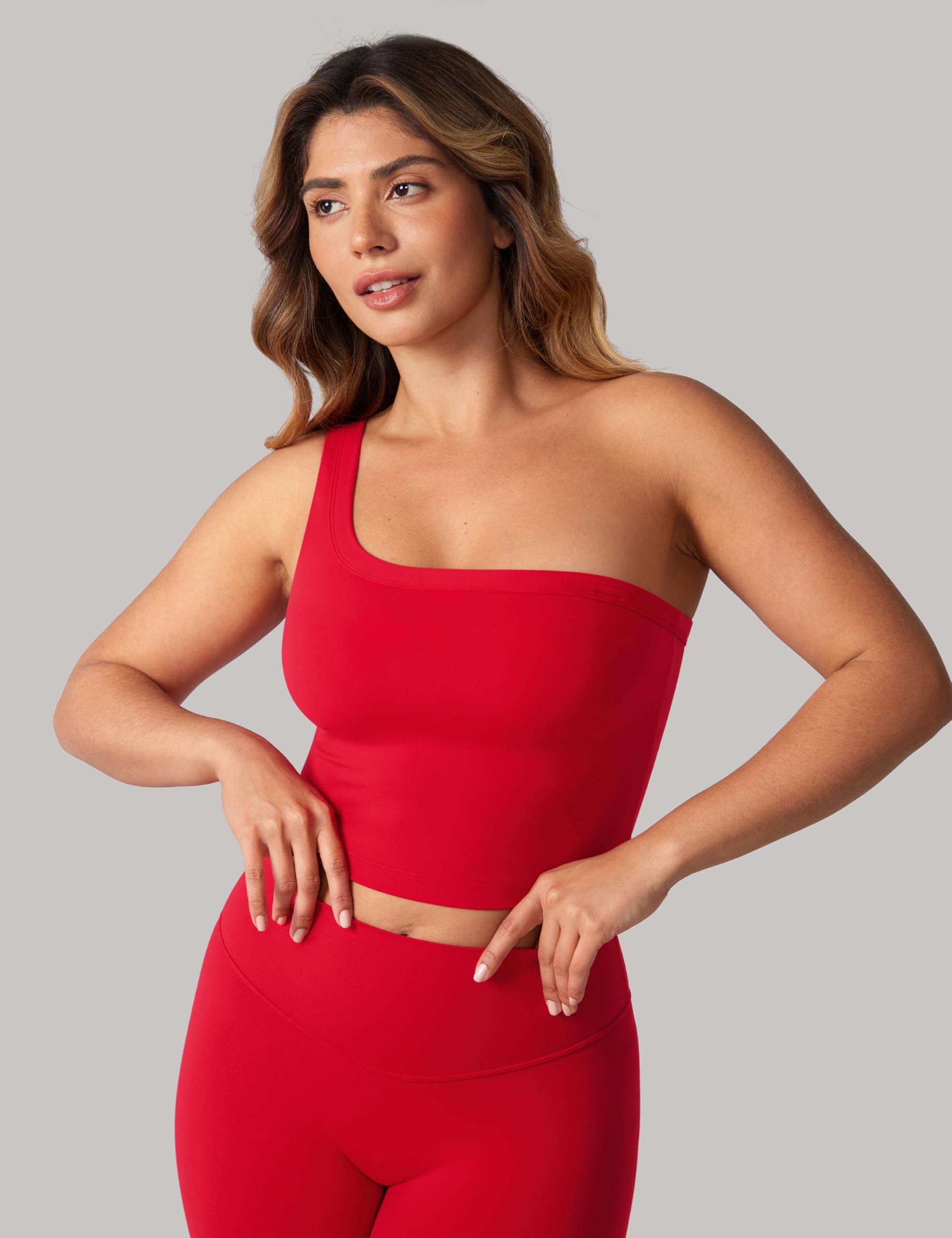 UNISSU Hugcurve Detachable Shoulder Strap Longline Sports Bra for Women One Shoulder Workout Tank Crop Tops Built in Bra Aurora Red Medium