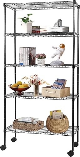 FDW Estante de metal ajustable de 5 niveles con ruedas, capacidad de 250 libras, fácil montaje, ideal para espacios pequeños