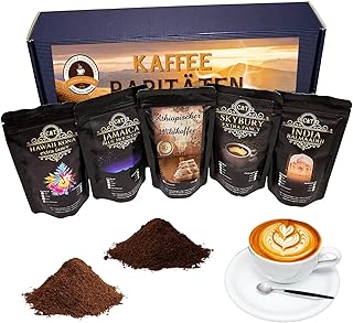 C&T edles & hochwertiges Kaffee Geschenkset | 5 exklusive Kaffeeraritäten á 80g Gemahlen | Geschenkidee für Männer & Frauen mit Hawaii Kona + Jamaica Blue Mountain + Äthiopischer Wildkaffee