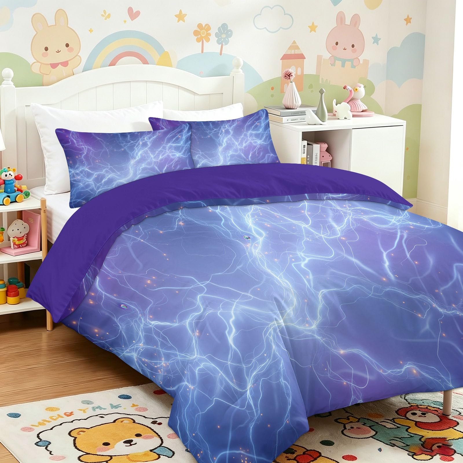 Parure da letto matrimoniale con copripiumino in microfibra viola + federe 65 x 65 cm, fantasia astratta set copripiumino (lampo corrente elettrica, 220 x 240 cm)