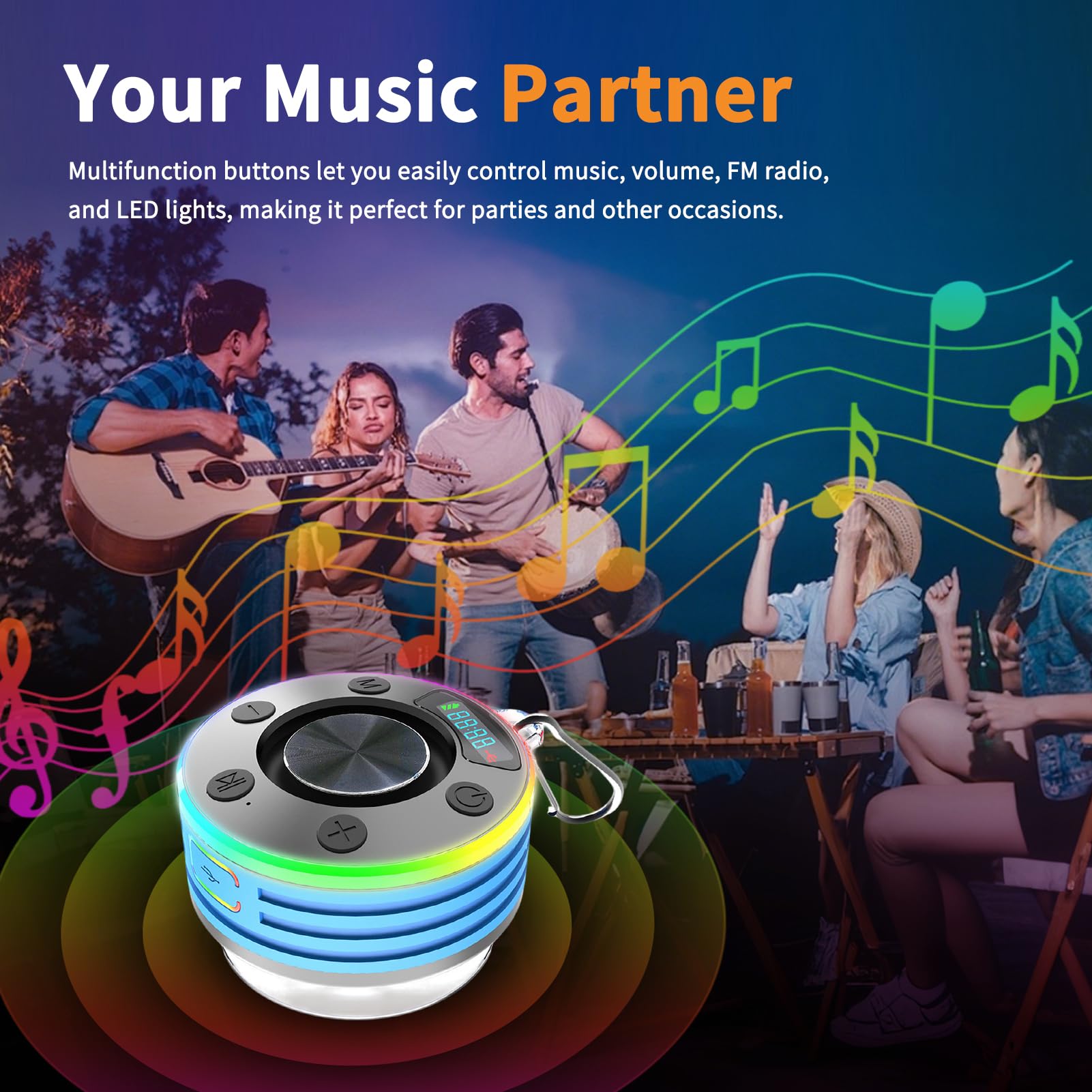 Enceinte Bluetooth Douche, 5.3 FM Radio de Douche Portable avec avec HD Mic, 360° stéréo, Lumière LED, avec Ventouse, Étanche IP7 pour Salle de Bain,Extérieur (Bleu)