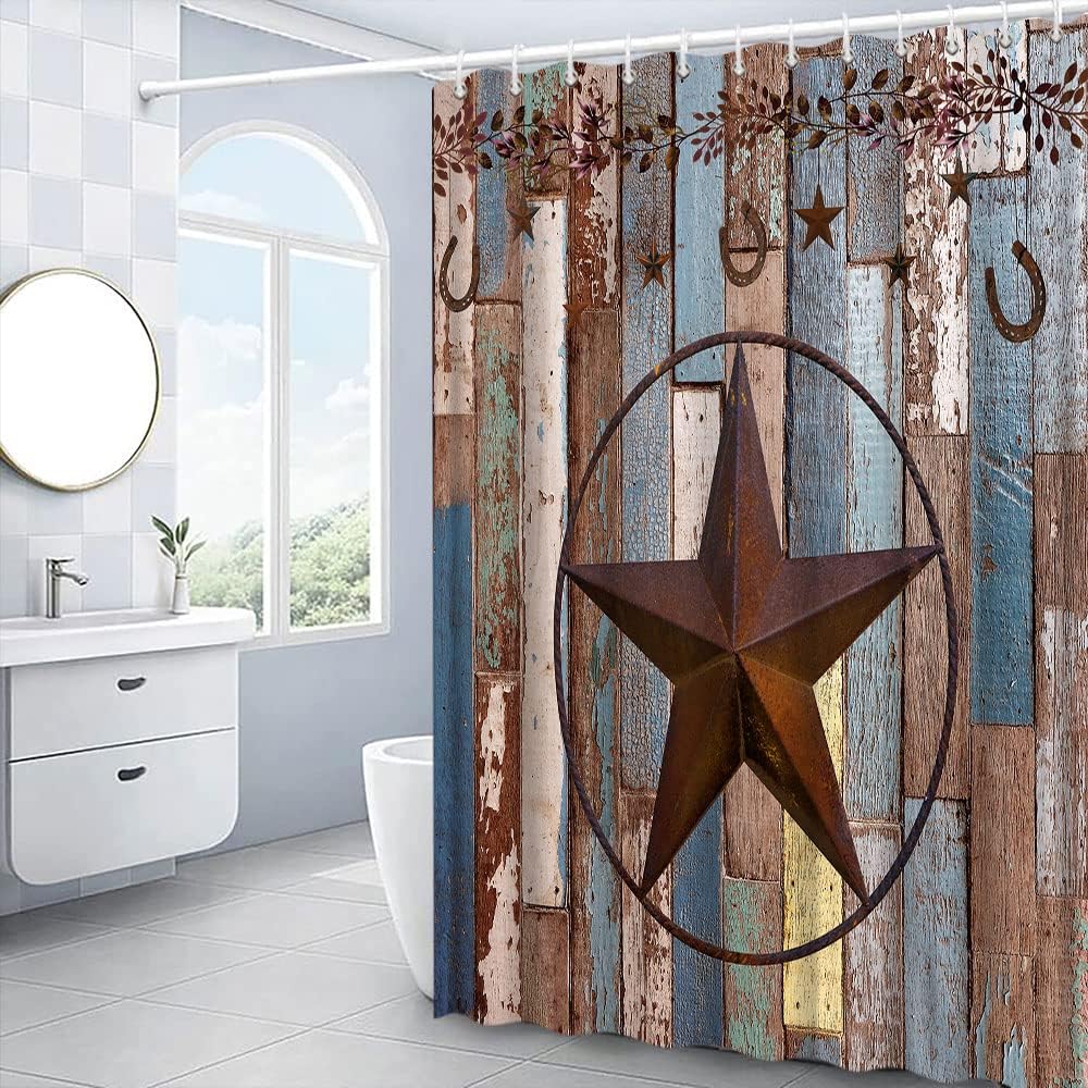 Rustic Barn Door Shower Curtain Western Texas Star Retro Wooden Board Farmhouse Old Rusty Horseshoe Vintage Country Style Plank Garage Door Creative Fabric Bath Decor Curtain Set with Hook