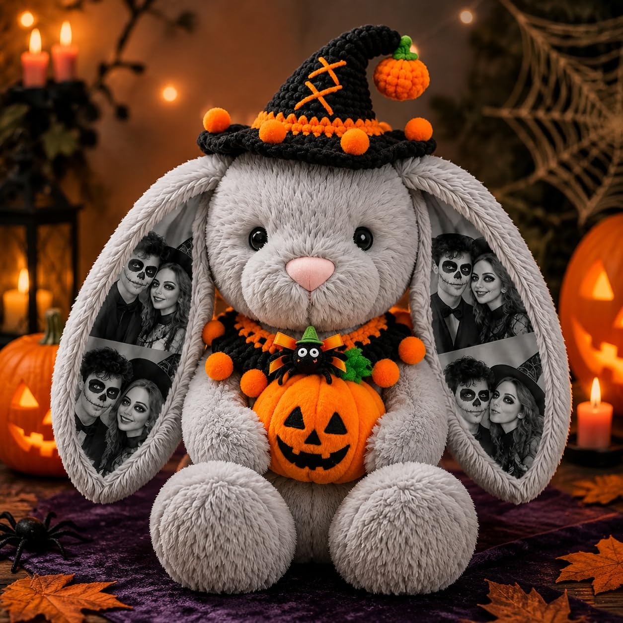 Personalised Photo Halloween Bunny Teddy with Pumpkin & Witch Hat 26/40cm