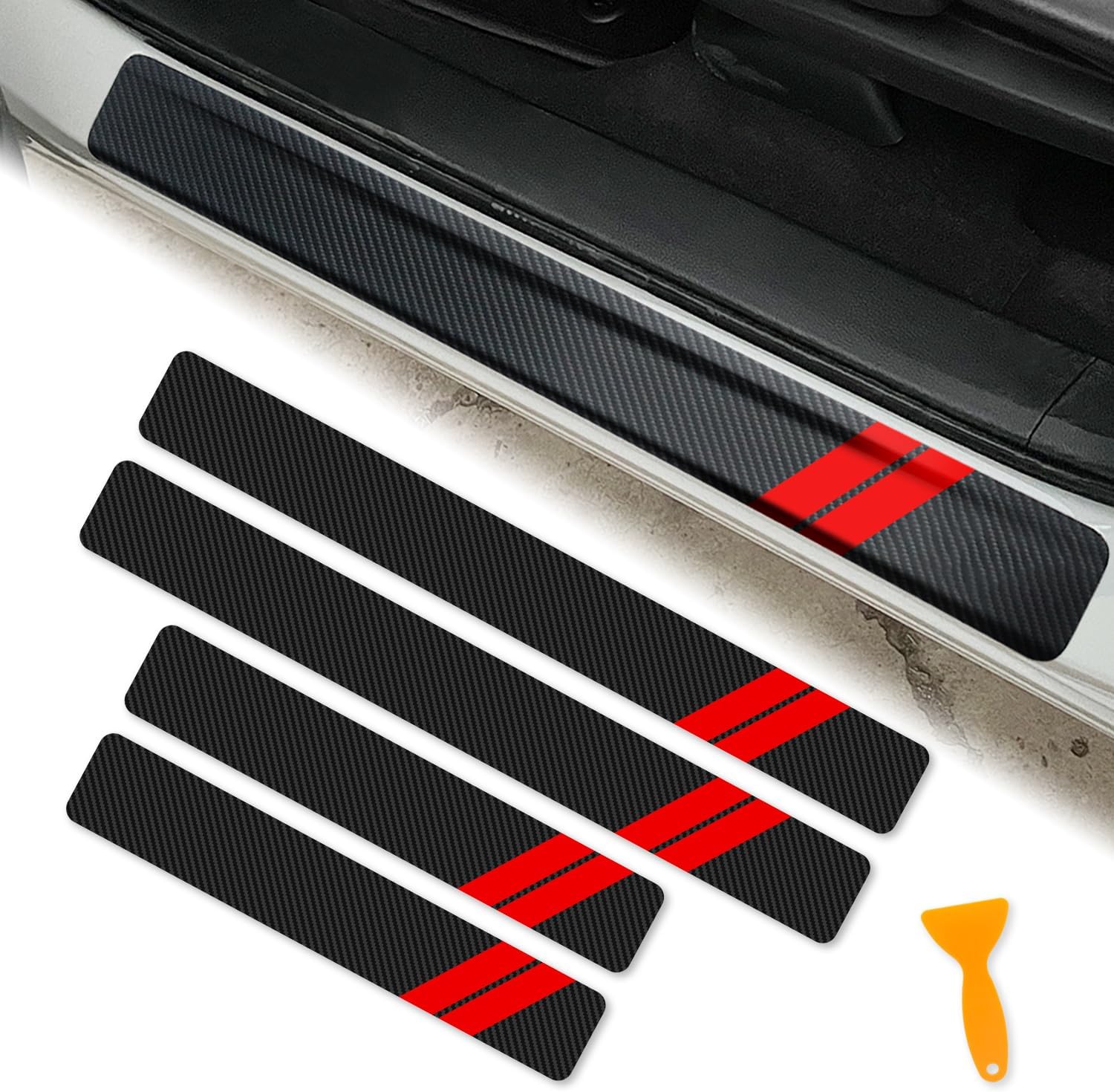 REMOCH 4 PCS Car Door Sill Protector Dodge Charger Durango Challenger Journey Accessories Door Entry Guard Sill Plate Step Scuff Plate Scratch Pad Protective Carbon Fiber Threshold Stickers（Red）