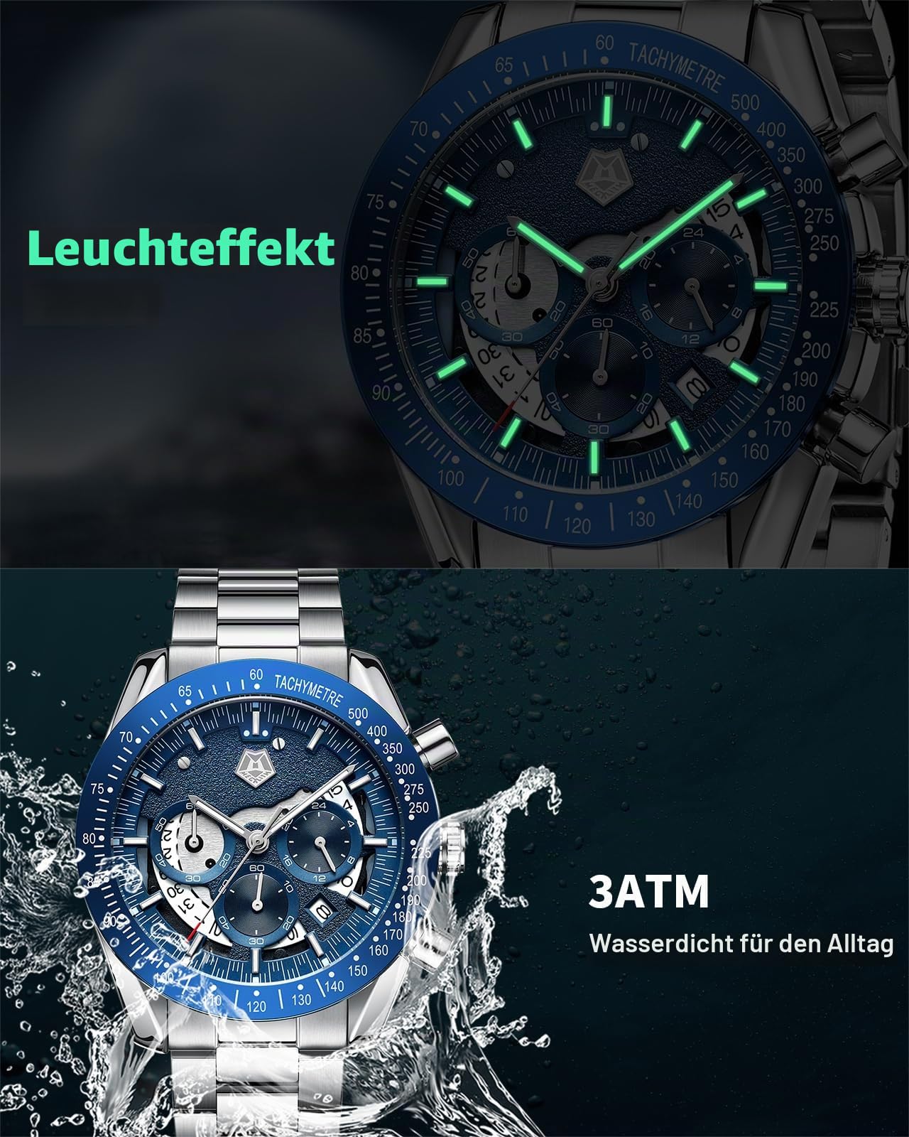 MEGALITH Armbanduhr Herren Edelstahl Herrenuhr Groß Uhren Herren Chronograph Analog Quarz Männer Uhr Kleid Wasserdicht 3ATM mit Kalender Business Casual