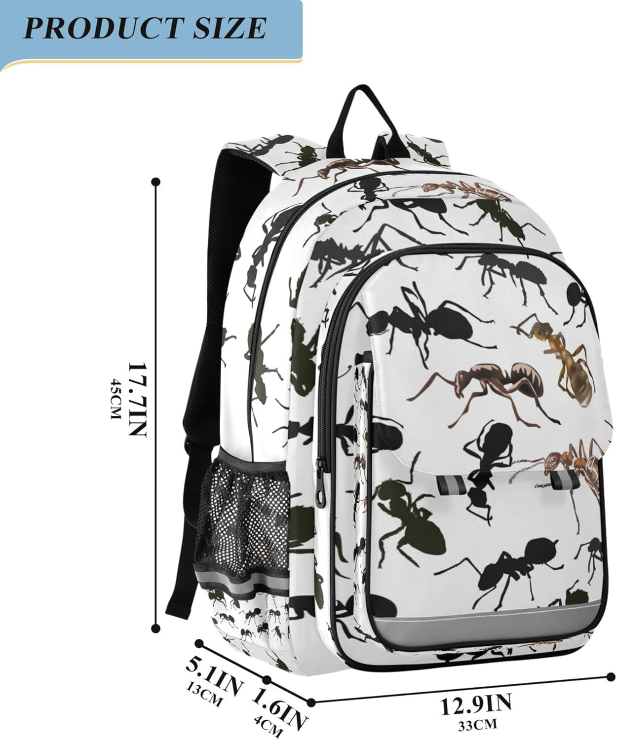 Black White Ants Backpack School Bag Lightweight Laptop Notebook Tablet Backpack Students Travel Bookbag with Reflective Stripes