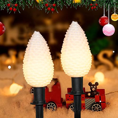Miniatura 3 de Luces de camino de Navidad C9, 6.5 pies de estaca de piña con 4 piñas blancas LED C9 gigantes, luces de marcador de camino al aire libre conectables