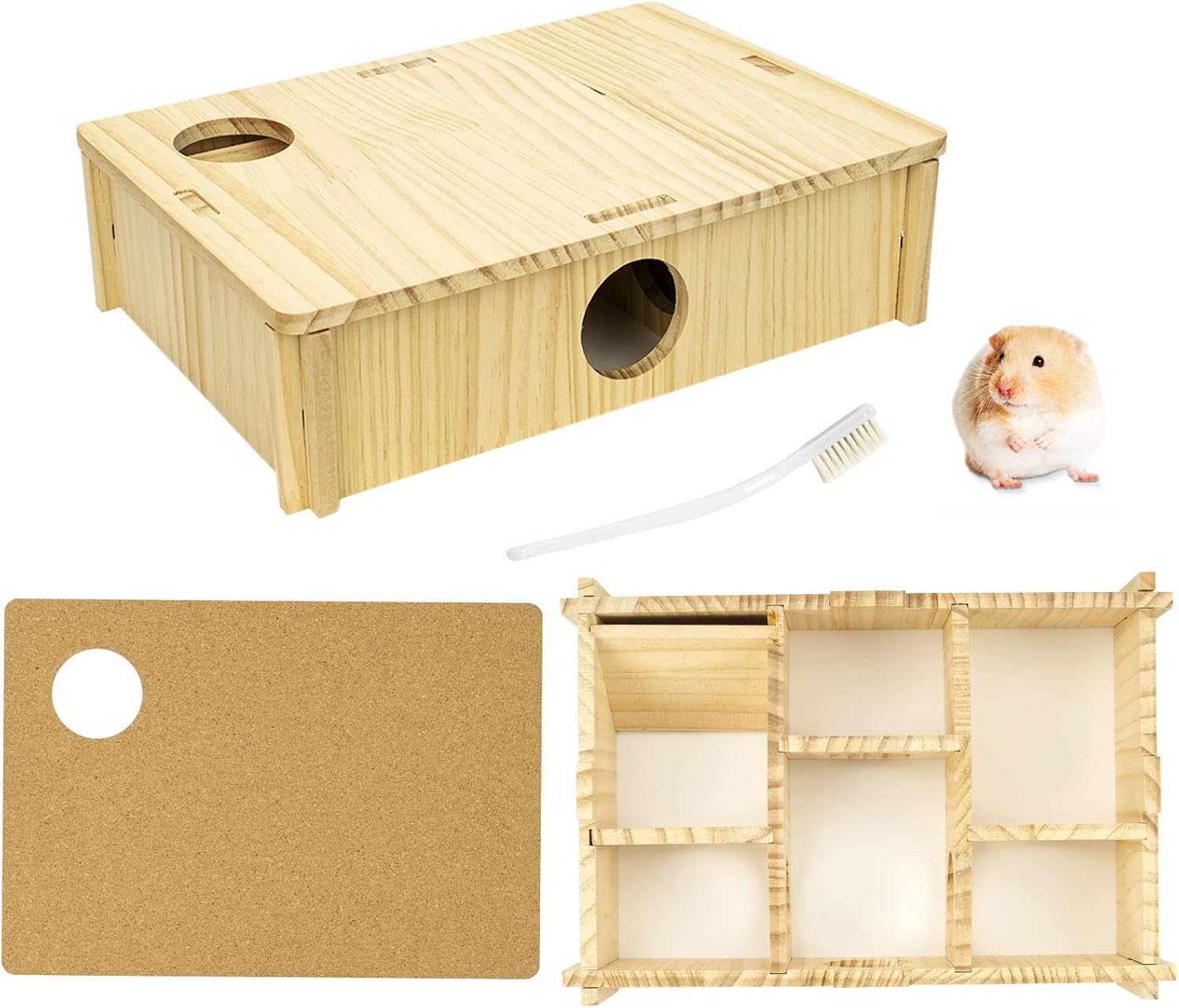Wooden Hamster Hideout Maze House, Hamster Accessories, Hamster Tunnels, Multi-Room, for Gerbils Mouse Toys, with 1 Cork Mat, 1 Brush