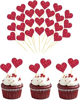 60pcs Red Heart Cupcake Toppers Glitter Patriotic Cupcake Picks for Show...