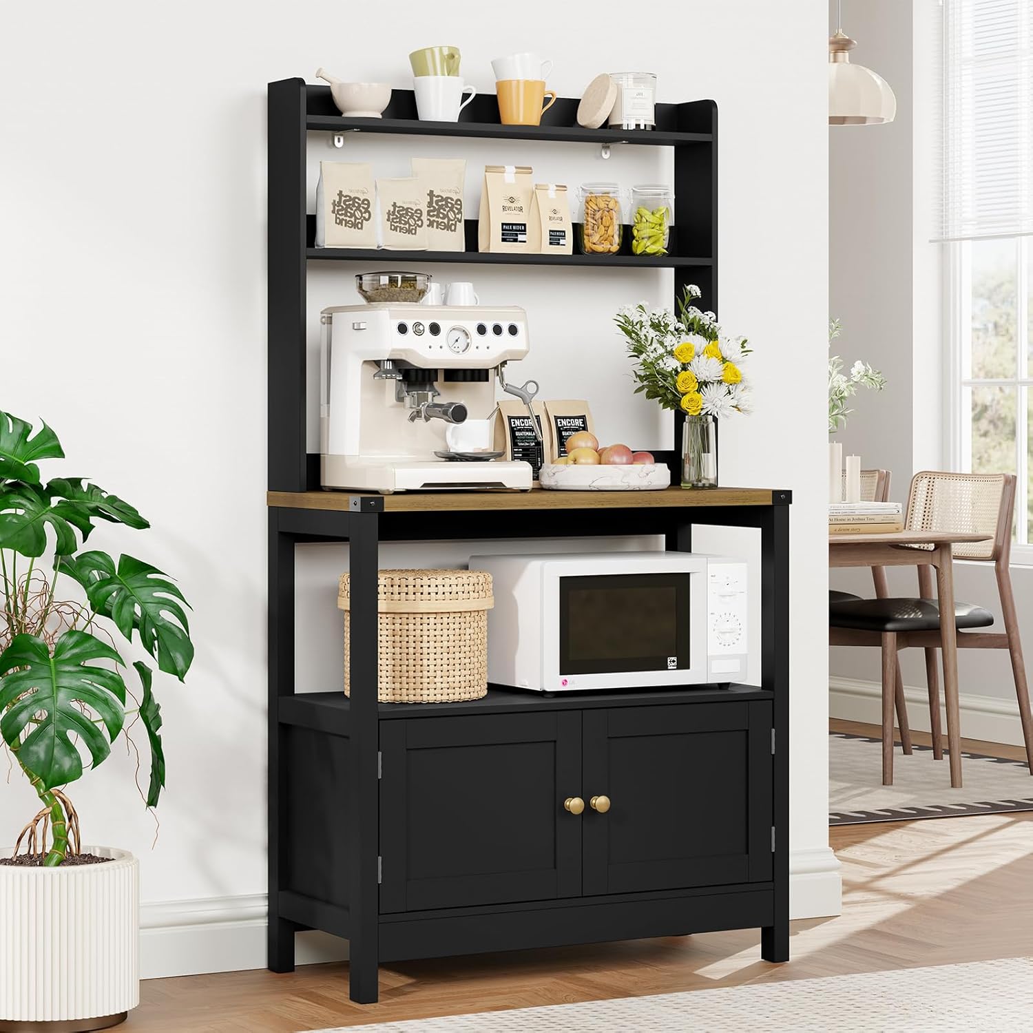 Lomojo Microwave Stand Bakers Rack Cabinet, Freestanding 5-Tier Kitchen Shelves, Farmhouse Floor Hutch Door Thickened Counter,Utility Storage Shelf, Coffee Bar (Black)