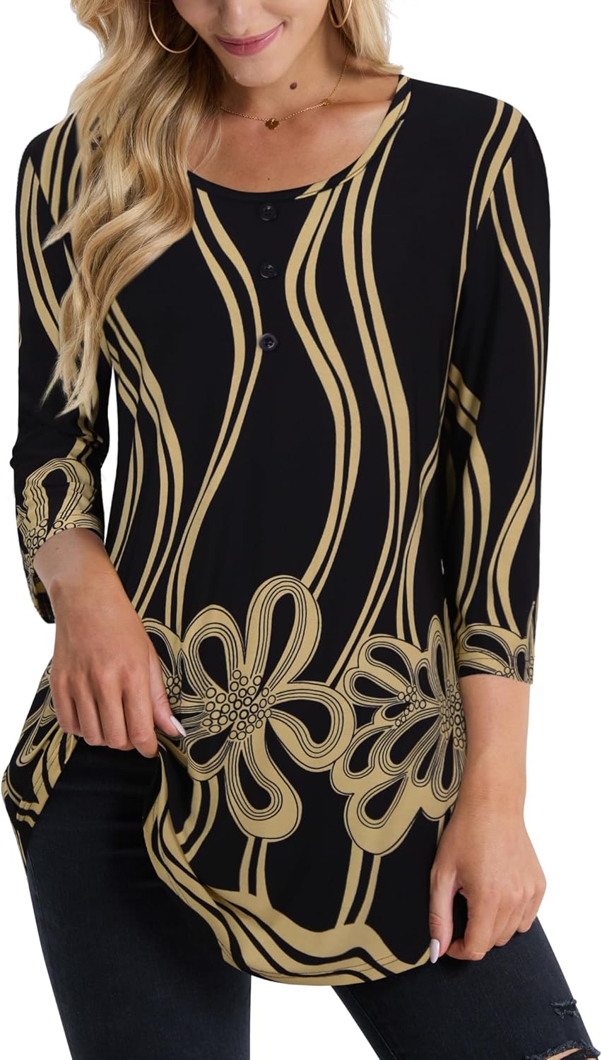 BAISHENGGT Womens Tops 3/4 Sleeve Round Neck Casual Tunic Tops Fall Fashion 2025 Dressy Casual Blouses