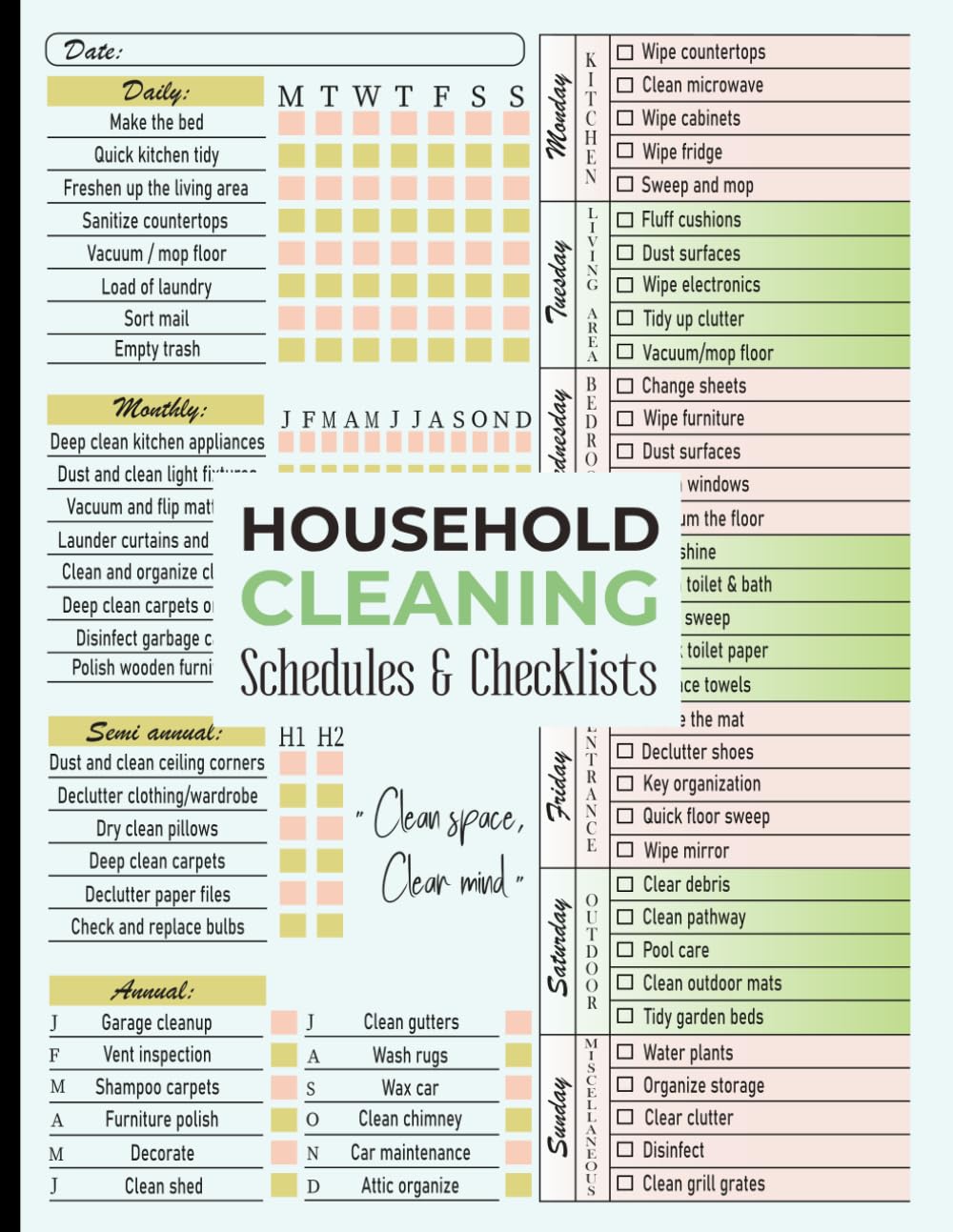 Household Cleaning Schedules and Checklists: Daily, Weekly, Monthly, and Annual Housekeeping Checklist & Planner