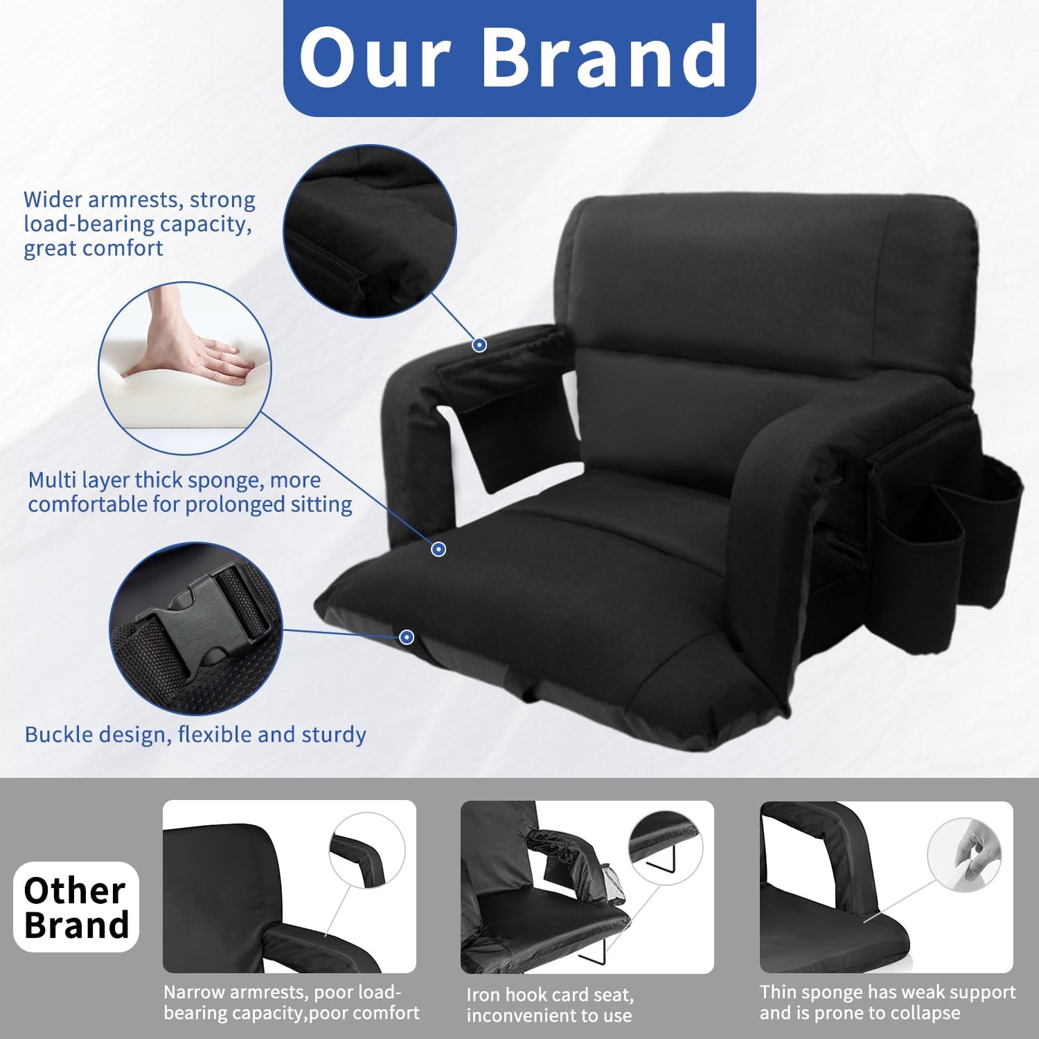 Extra Wide Stadium Seats with Back Support – 2 Pack Sofa-Style Bleacher Chairs, Thick Cushions, 6 Reclining Positions(Black-2 Pack,Wide|25") Wide|25" Black 2 image 4 of 9 B0F1V9LL35