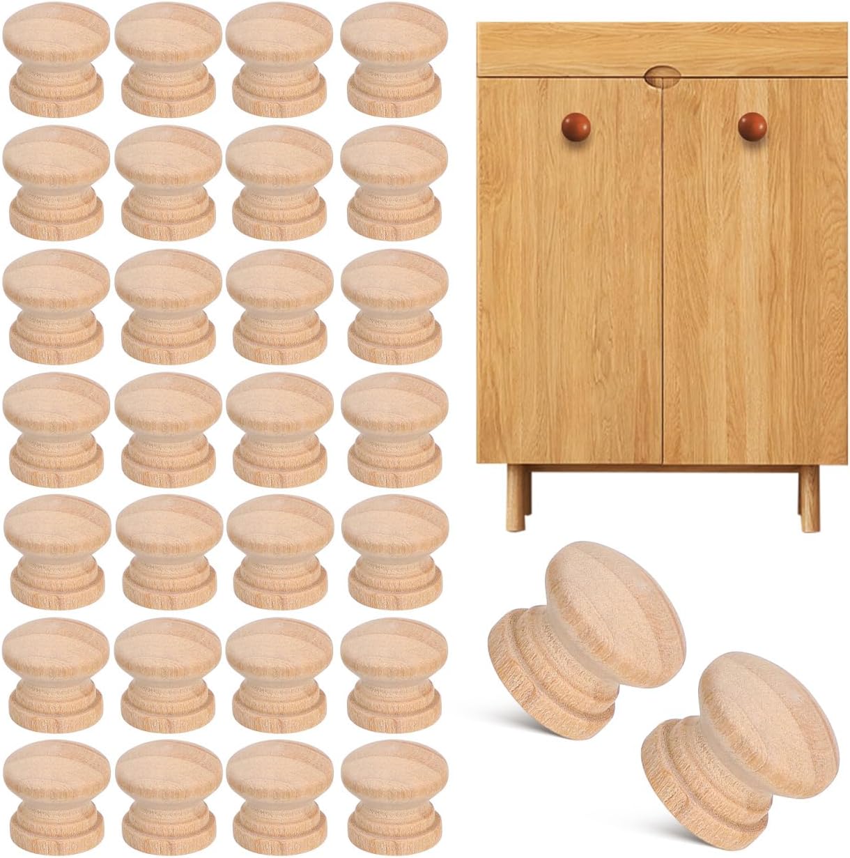KALLORY 100pcs Round Wood Knobs Unfinished Wood Cabinet Furniture Drawer Knobs Dresser Pulls Rustic Drawer Handle Mushroom Shaped Pulls Handles