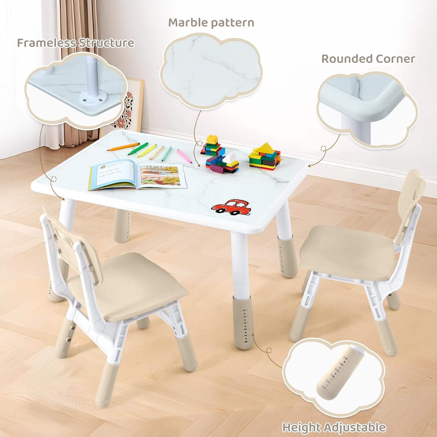DOREROOM Toddler Table and 2 Chairs Set, Height Adjustable Kids Table and Chair Set, 31.5''L x 23.6''W, Marble Pattern & Graffiti Desktop, Children Multi-Activity Table for Home/Daycare/Classroom