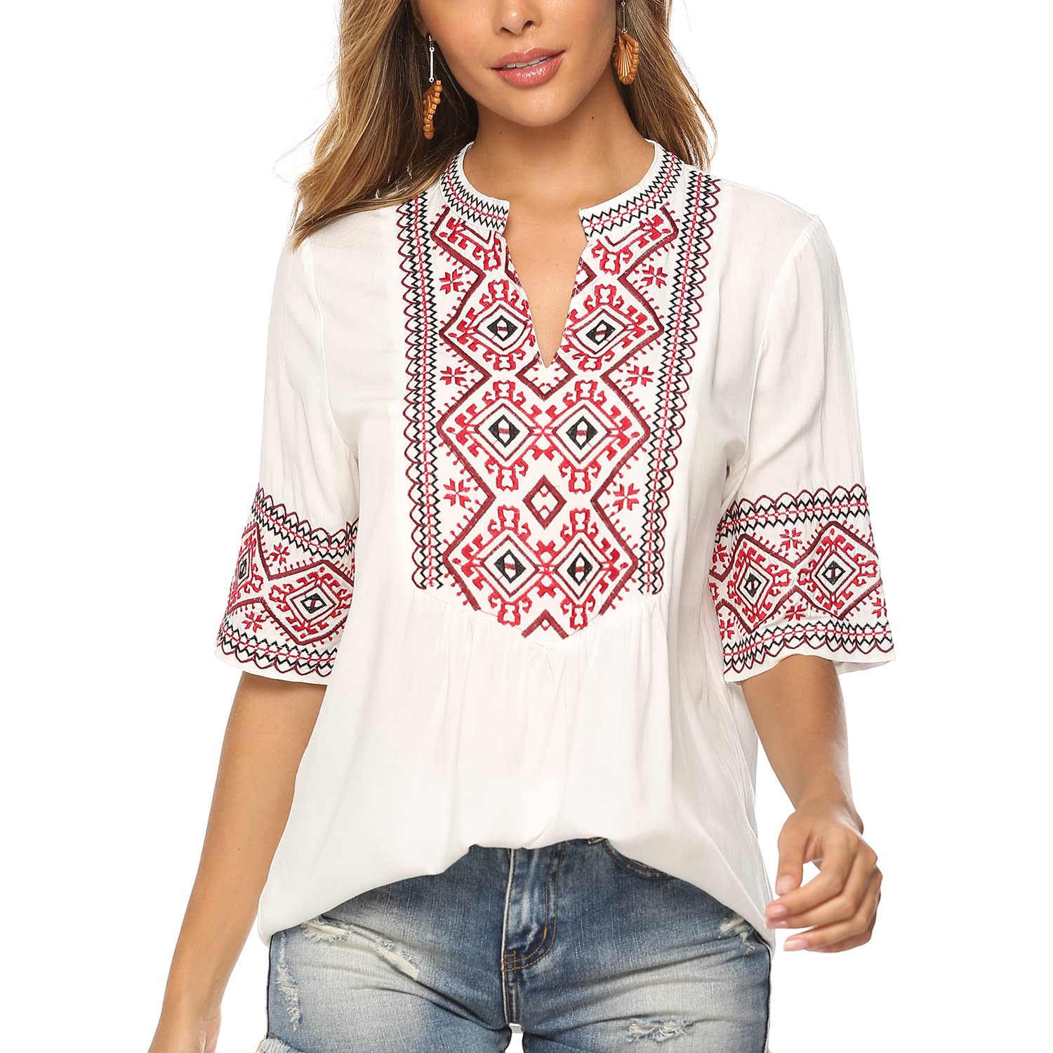 Seasonal Ucrania Mujeres Verano Blusa Túnica Folclore Bordado Tops Boho Hippie Mangas Cortas Tops Sueltos