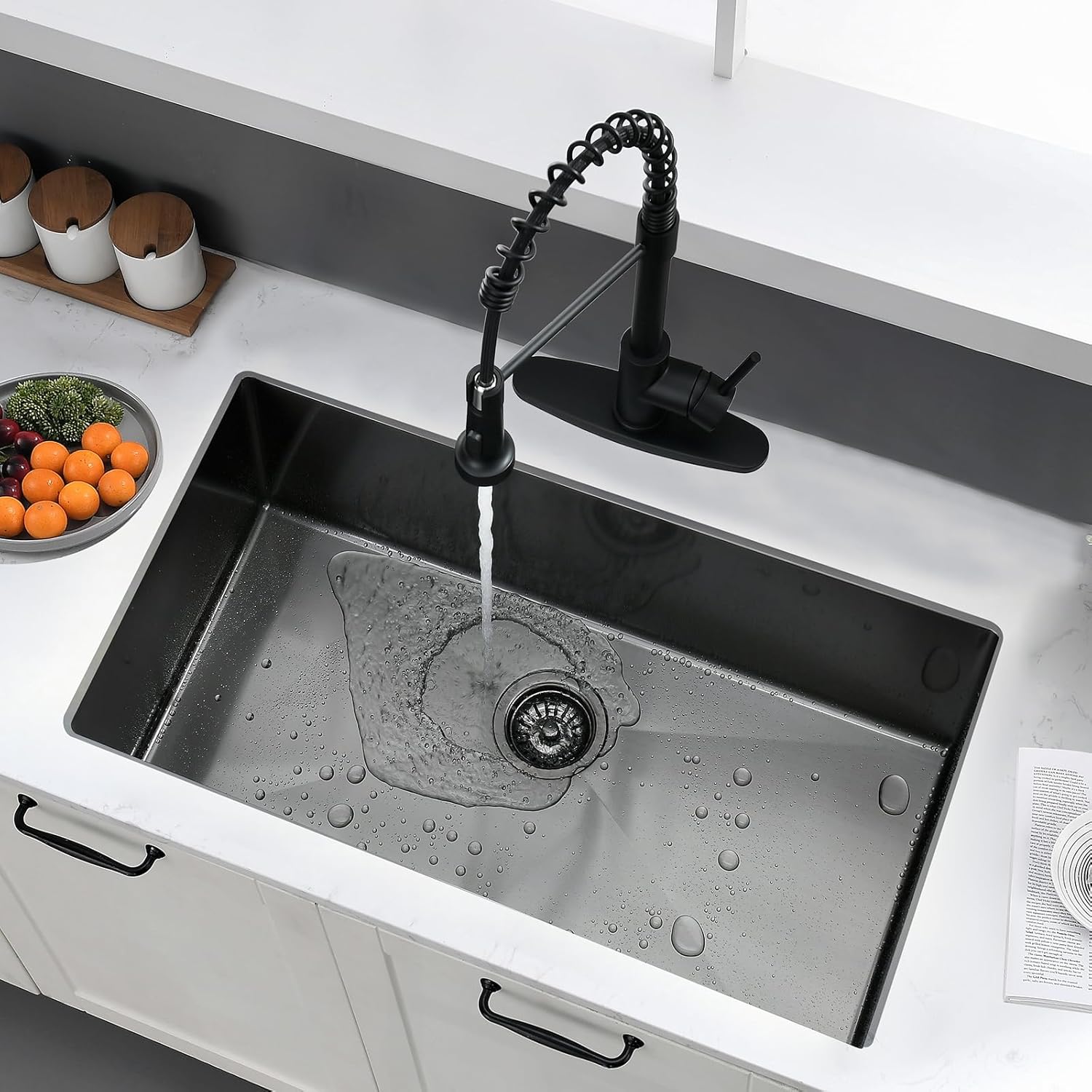 28 Inch Black Undermount Kitchen Sink - 28x18 Black Kitchen Sink Undermount 16 Gauge Stainless Steel Single Bowl Sink with Bottom Grid, Drain Assembly