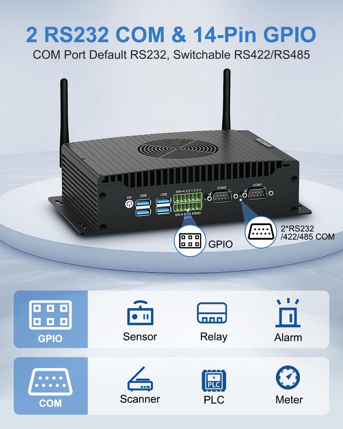 BASOARO Mini PC Industriel i5 1235U, 16GB RAM 512GB SSD, Refroidissement par Ventilateur, Win 11 Pro, Double LAN, Triple Affichage 4K (2 HD + DP), 2RS232/RS422/RS485 COM, GPIO, WiFi 6, BT 5.2