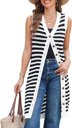 BLENCOT Womens V Neck Striped Fall Sweater Vest Causal Sleeveless Button Cardigan Midi Cover Up Tank Dresses