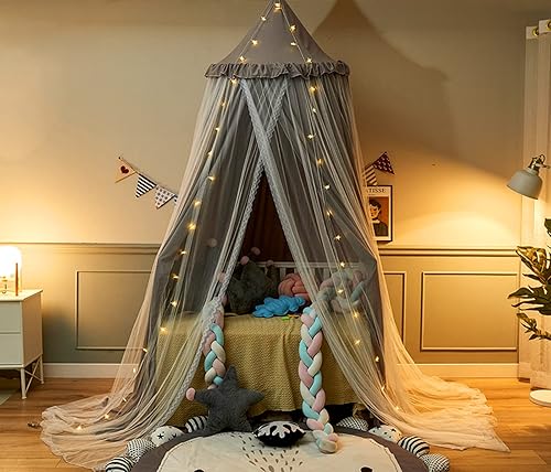 Miniatura 6 de VETHIN Toldo de cama para niños con luces, doble capa de cúpula redonda de princesa para niños, mosquitera de ensueño, habitación de niñas,