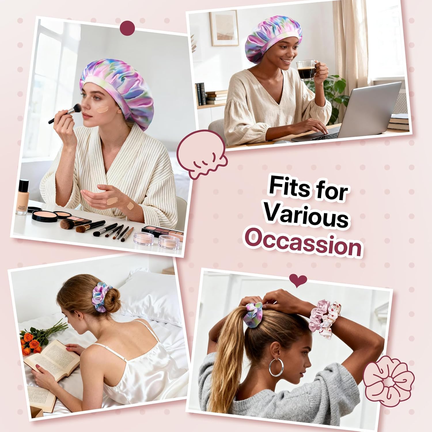 LitBear Silk Satin Bonnet for Sleeping Women, Adjustable Double Layer Hair Bonnet with Scrunchies for Curly Natural Hair, Non Slip Softer Night Sleep Cap - Image 7