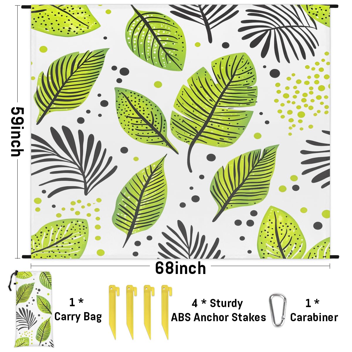 Eabrults Waterproof Sandproof Beach Blanket, 59''×68'' Abstract Tropical Leaf Polyester Outdoor Picnic Blanket with 4 Stakes & Storage Bag for Beach,Camping,Vacation