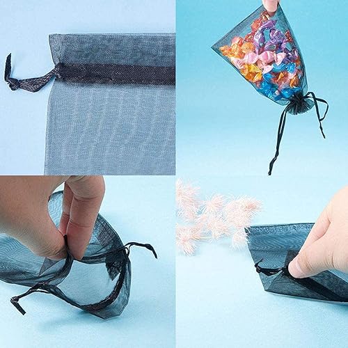 Miniatura 2 de 100 bolsas de papel de regalo de 4 x 6 pulgadas, color negro, tela de tul transparente, bolsas reutilizables con cordón para regalos de baby shower,