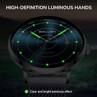 SOLLEN Mens Automatic Watch, Self Winding Watches for Men, Mechanical Stainless Steel Waterproof Luminous Luxury Business Dress Men's Wrist Watches with Calendar, Minimalist Watch Gifts for Men