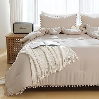JOLLYVOGUE King Comforter Set, Beige Bed in a Bag 3 Pieces Boho Pom Pom Ball Bedding Sets for All Season, Lightweight and Untral-Soft Bedding Comforter Set with 1 Comforter and 2 Pillowshams