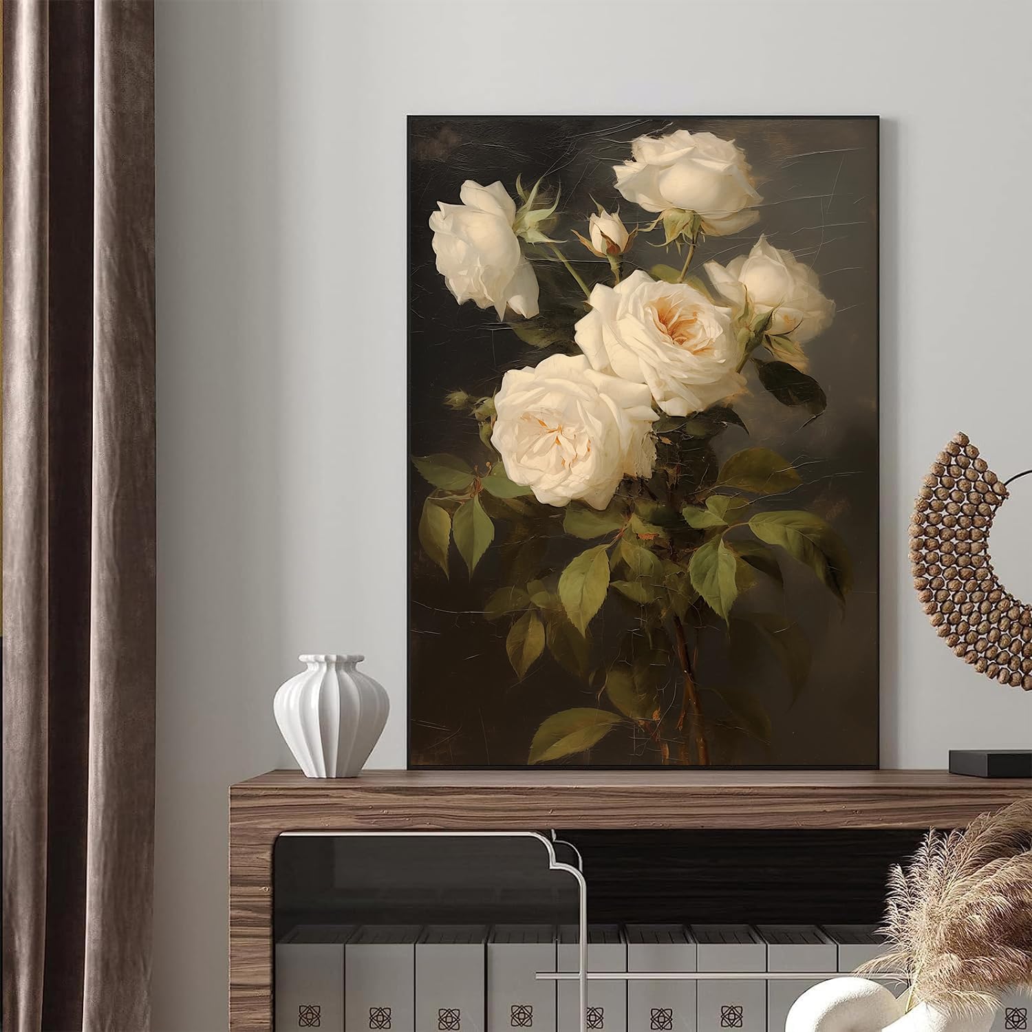 Tableau Fleurs Pivoine Vintage - Peinture à L'Huile Sur Toile 40.6x61 Cm - Décoration Murale Cottagecore, Dark Academia - 3