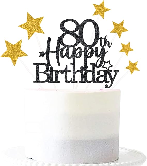 Glittery Black Gold 80th Happy Birthday Cake Topper with Star,80 Birthday Cake Toppers Party Decorations Party Supplies for Men Women